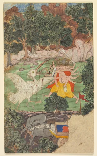 Battle of Ravana and Jatayu, from Chapters 50 and 51 of the Aranya Kanda (Book of the Forest) of Valmiki's Ramayana (Rama’s Journey); folio from the "Burnt" Ramayana by Unknown, painting, 1590-1610