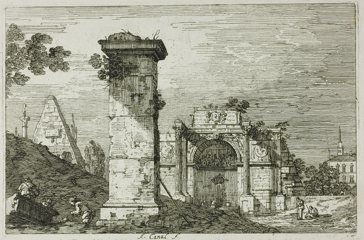 Landscape with Ruined Monuments, from Vedute by Canaletto, print, 1735-1744