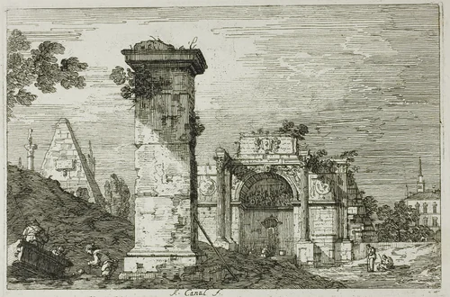 Landscape with Ruined Monuments, from Vedute by Canaletto, print, 1735-1744