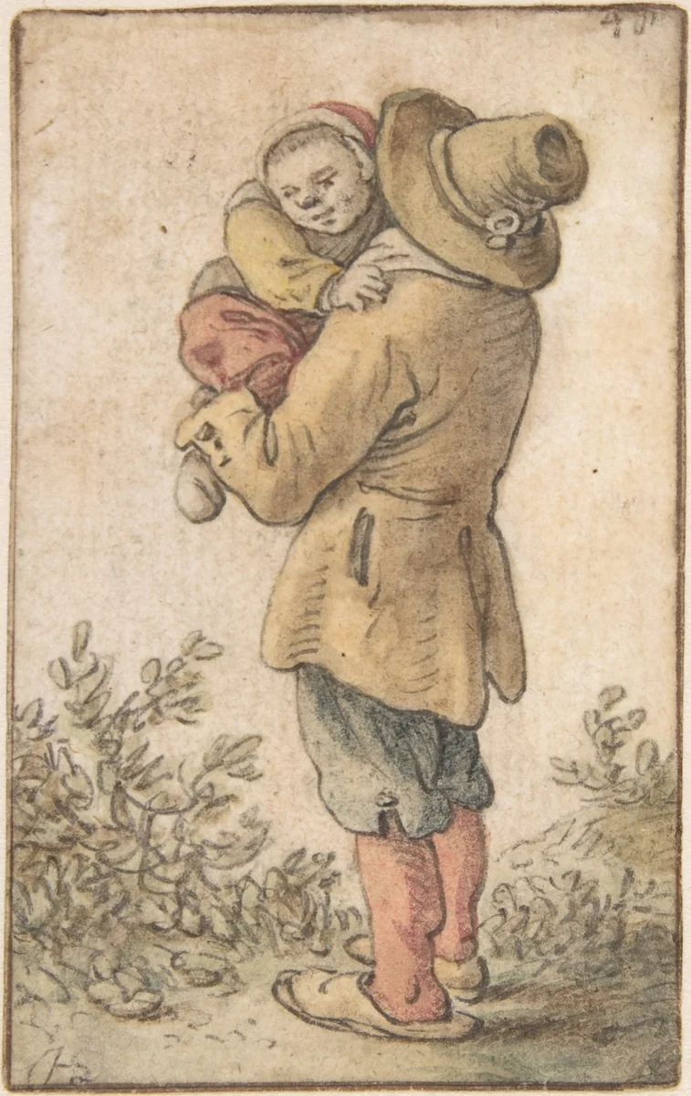 Peasant with Child by Herman Saftleven II, drawing, 1620-1685