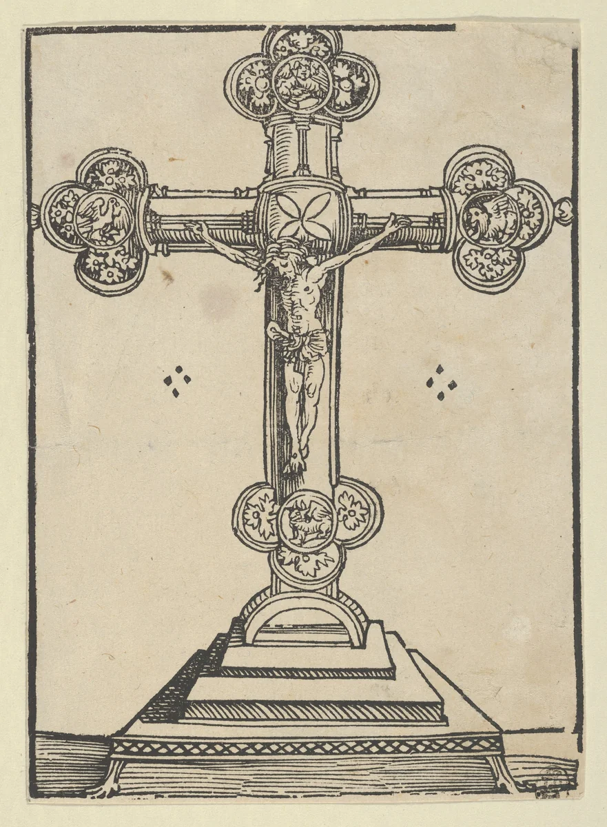 A Silver-Gilt Cross with Christ Crucified, from the "Wittenberg Reliquaries" by Lucas Cranach, print, 1472-1553