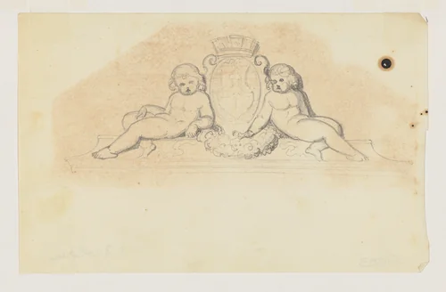 Design for an Overdoor with Two Putti flanking a Coat of Arms by Jean-Baptiste Louis Plantar, drawing, 1840-1880