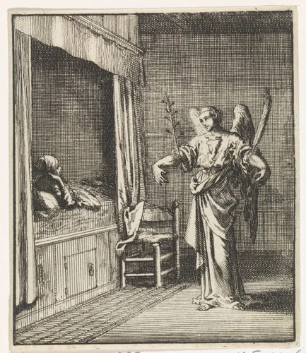 Verschijning van een engel aan de weduwe Grietje Claes by Jan Luyken, print, 1704