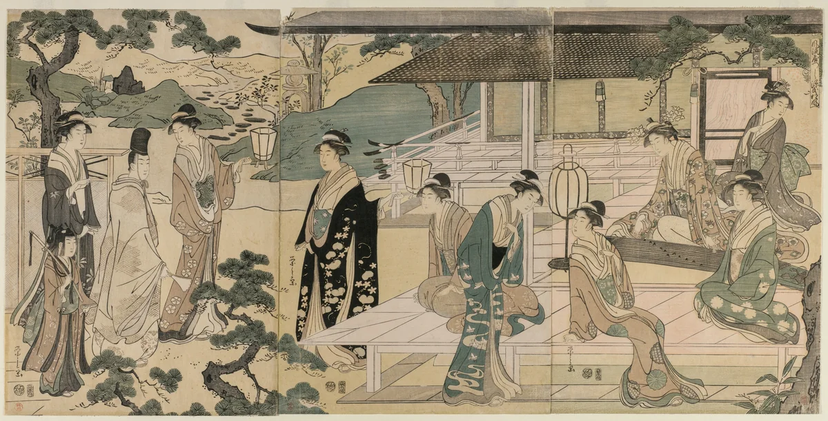 The Matsukaze Chapter of the Tale of Genji (from the series The Tale of Genji in Elegant Modern Dress) by Chōbunsai Eishi (鳥文斎栄之), print, 1786-1796