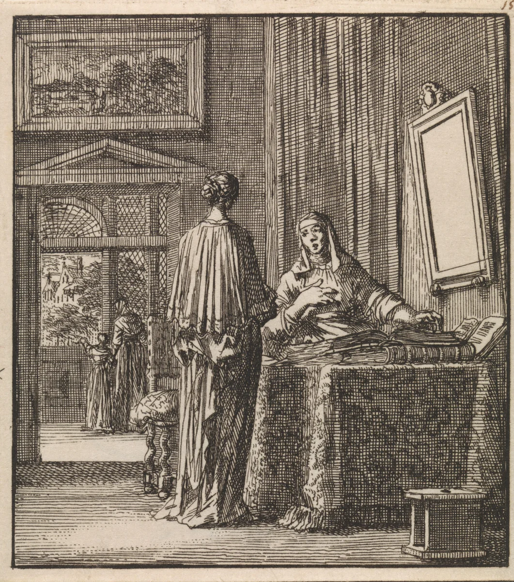 Naast een spiegel waar een vrouw in kijkt leest een andere vrouw de bijbel by Jan Luyken, print, 1711