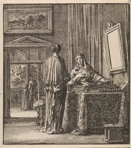 Naast een spiegel waar een vrouw in kijkt leest een andere vrouw de bijbel by Jan Luyken, print, 1711