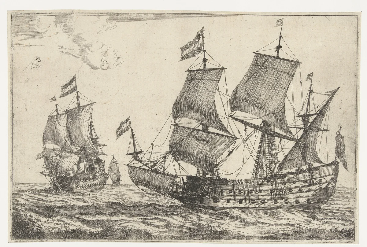 Twee grote oorlogsschepen by Reinier Nooms, print, 1650-1664