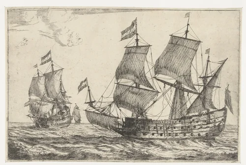 Twee grote oorlogsschepen by Reinier Nooms, print, 1650-1664