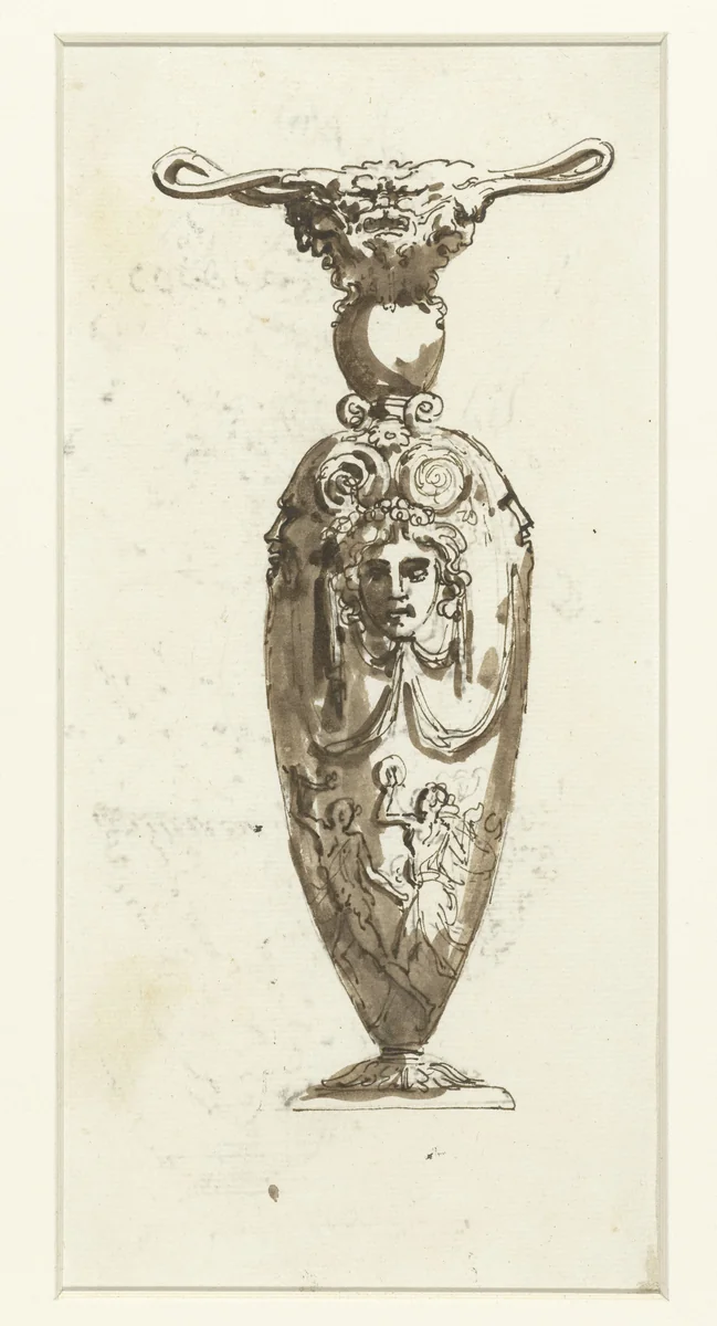 Siervaas met mascarons by Etienne de Lavallée-Poussin, drawing, 1750-1793