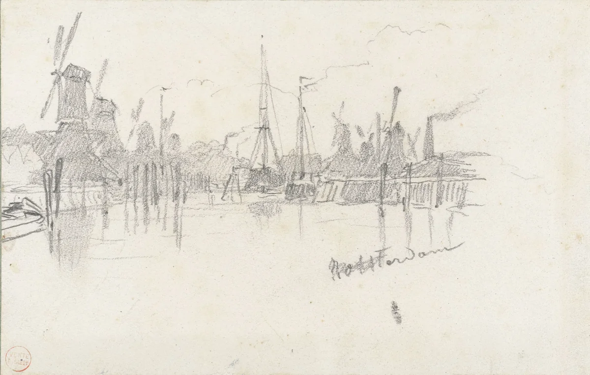 Molens aan de haven van Rotterdam by Eugène Isabey, drawing, 1813-1886
