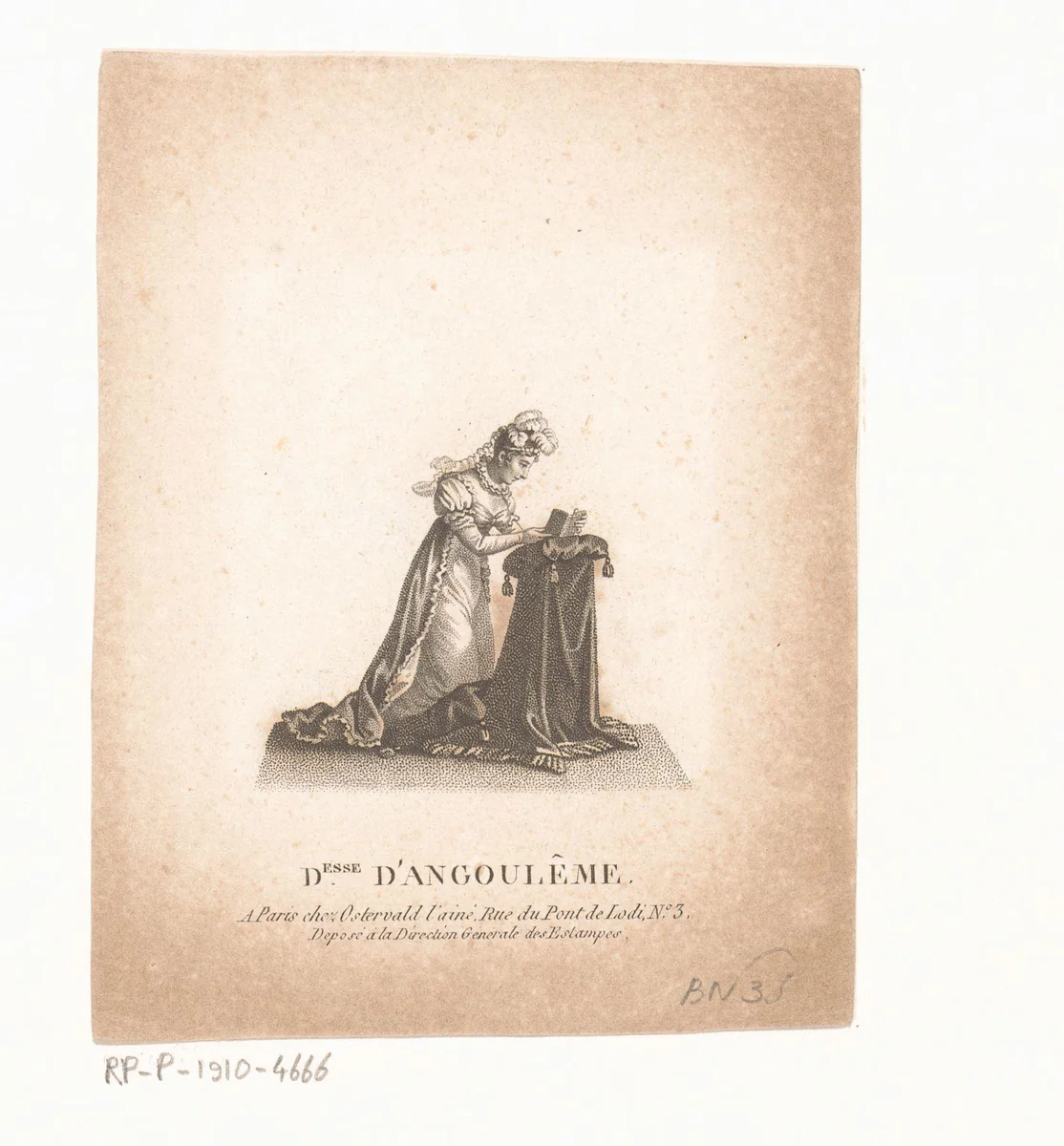 Portret van Marie Thérèse Charlotte van Frankrijk in gebed by A. Bosselman, print, 1814