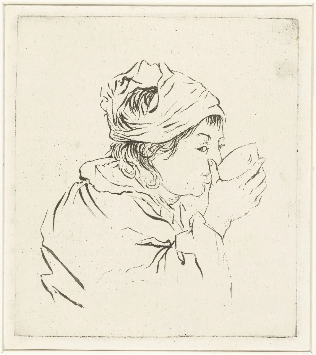 Borstbeeld van een drinkende vrouw met hoofddoek by Louis Bernard Coclers, print, 1756-1817