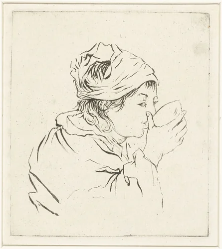 Borstbeeld van een drinkende vrouw met hoofddoek by Louis Bernard Coclers, print, 1756-1817