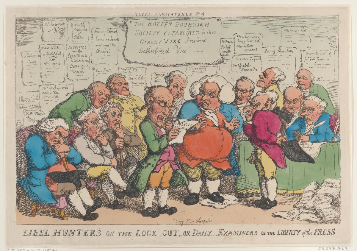 Libel Hunters on the Lookout, or Daily Examiners of the Liberty Press by Thomas Rowlandson, print, 1810