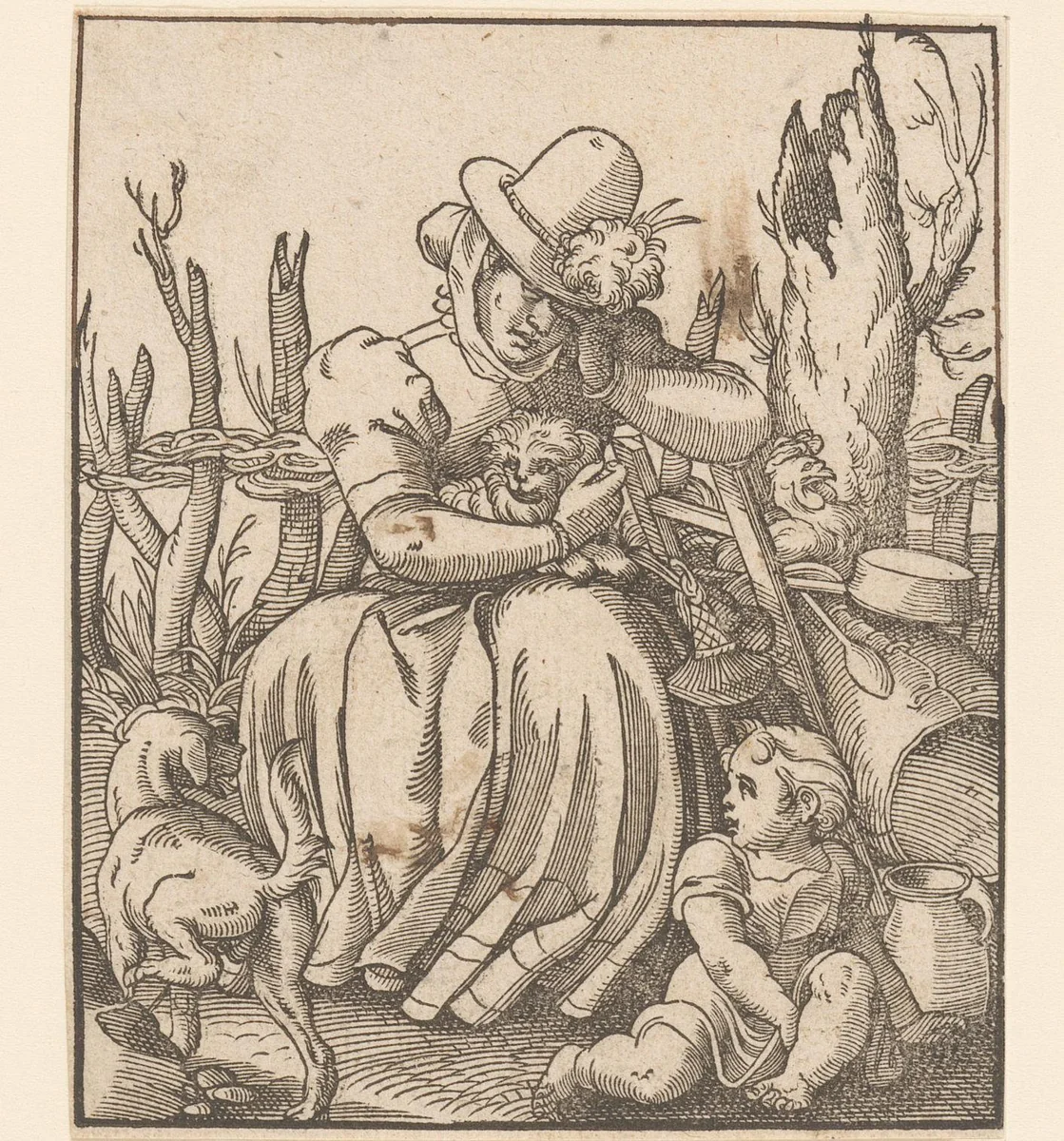Slapende vrouw met kind, honden en een haan by anonymous, print, 1580