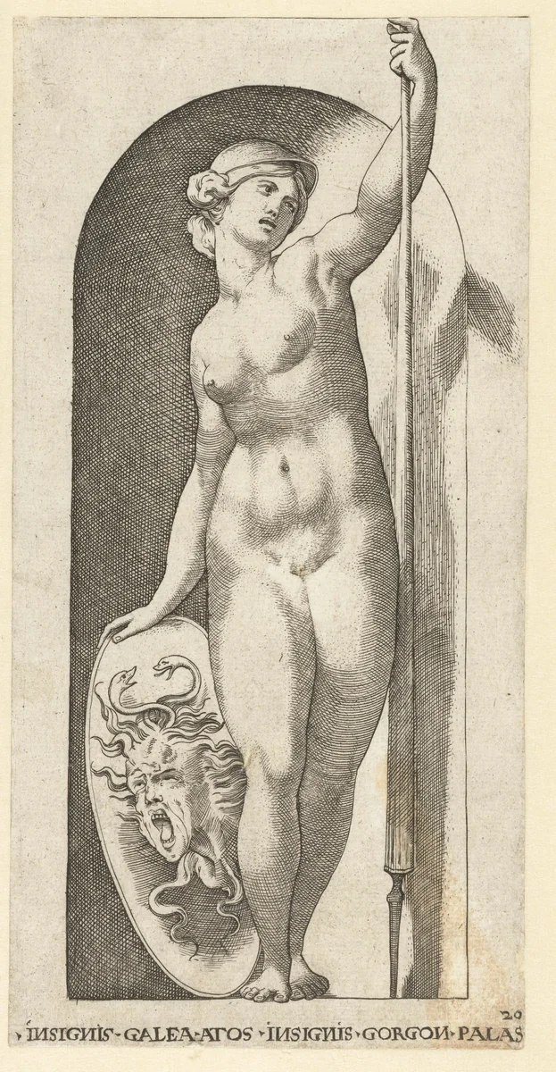 Minerva (Pallas Athena) met Medusahoofd op schild by Jacob Binck, print, 1530