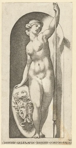 Minerva (Pallas Athena) met Medusahoofd op schild by Jacob Binck, print, 1530