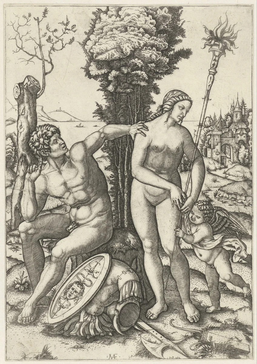 Mars en Venus als liefdespaar met Amor by Unknown, print, 1508