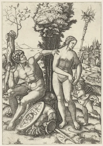 Mars en Venus als liefdespaar met Amor by Unknown, print, 1508