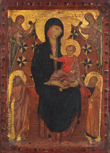 Madonna and Child with Saint John the Baptist, Saint Peter, and Two Angels by Tuscan, painting, 1290