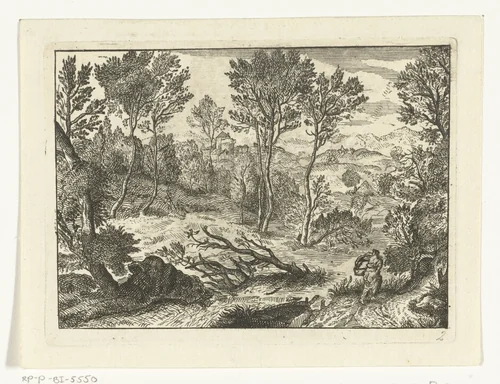 Landschap met zich haastende vrouw by anonymous, print, 1648-1755