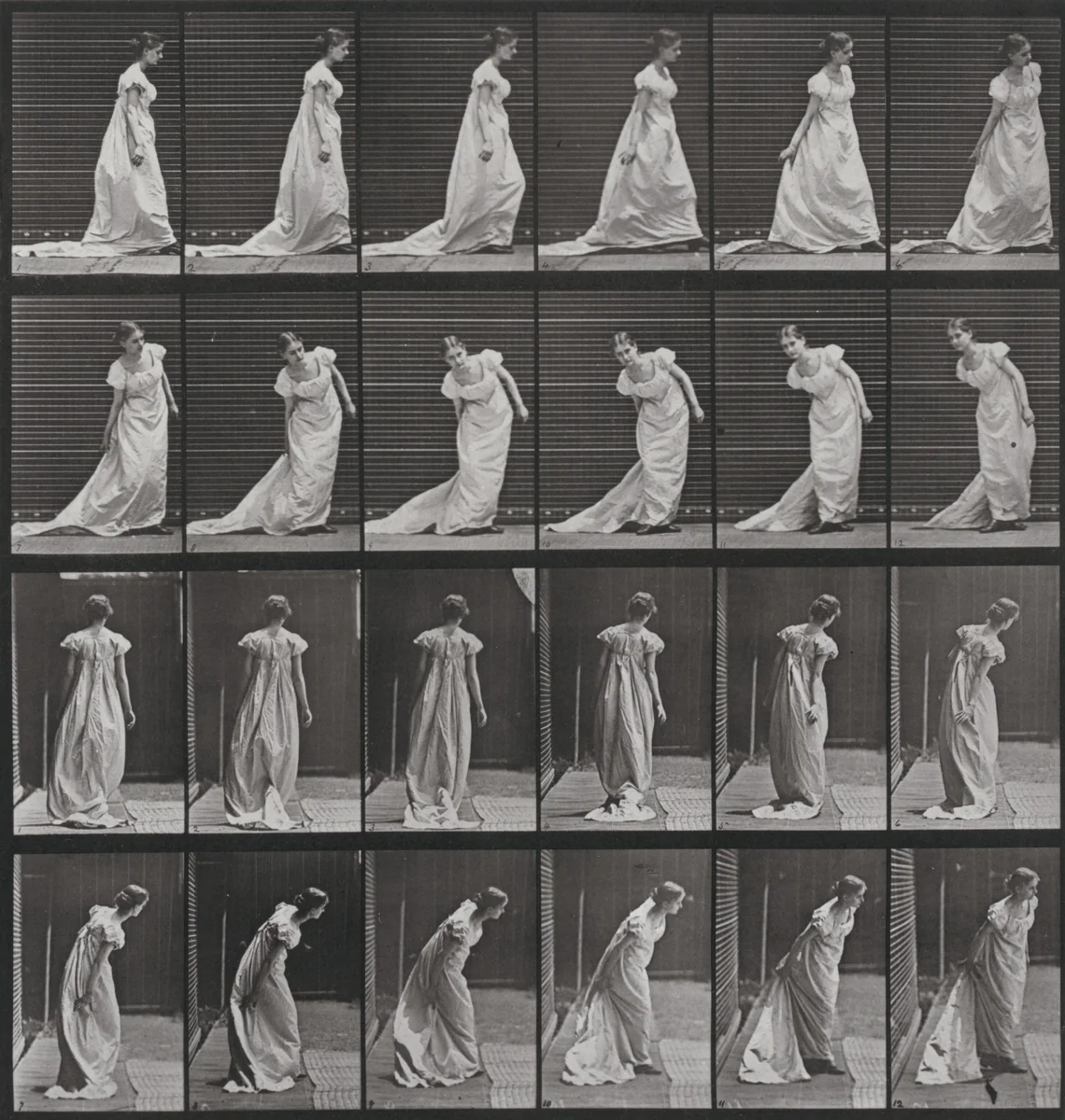 Plate Number 231. Stooping to arrange train and turning by Eadweard Muybridge, photograph, 1887