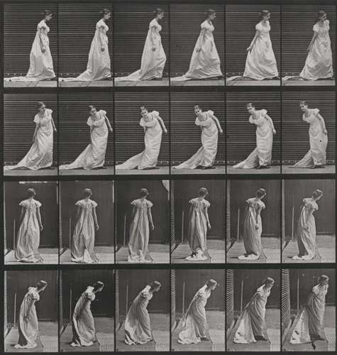 Plate Number 231. Stooping to arrange train and turning by Eadweard Muybridge, photograph, 1887