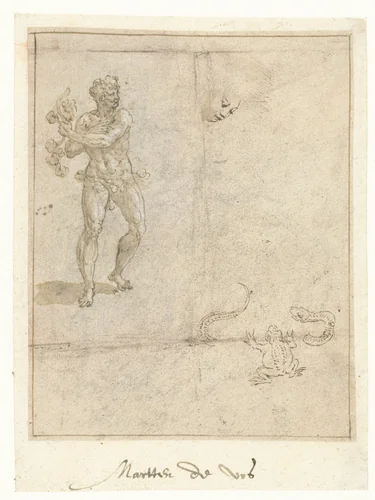 Staande man, slang en een kikker by Maerten de Vos, drawing, 1542-1603