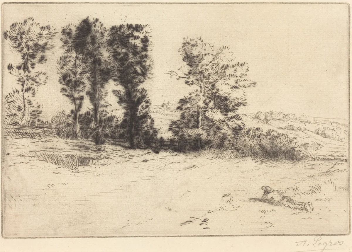Meadow in Sunshine (Le pre ensoleille) by Alphonse Legros, print, 1837-1911
