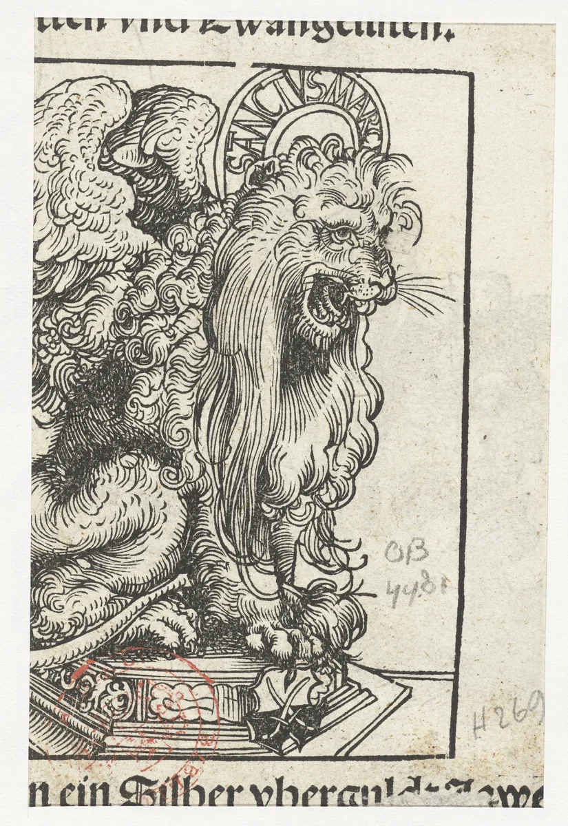 Beeld van leeuw als symbool van evangelist Marcus by Lucas Cranach, print, 1509-1549