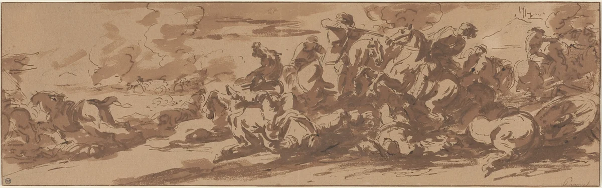 Cavalry Battle near a River by Charles Parrocel, drawing, 1688-1752