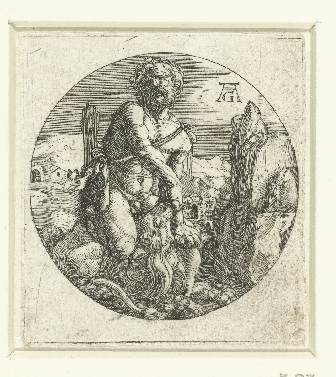 Hercules in gevecht met de Nemeïsche leeuw by Unknown, print, 1512-1560