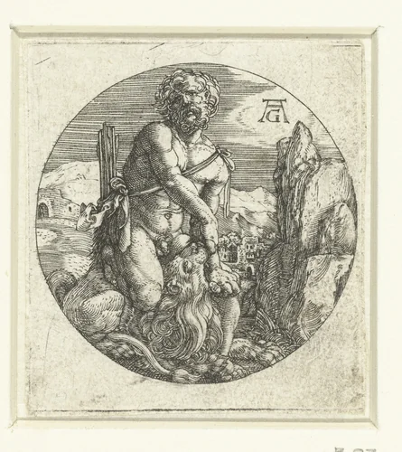 Hercules in gevecht met de Nemeïsche leeuw by Unknown, print, 1512-1560