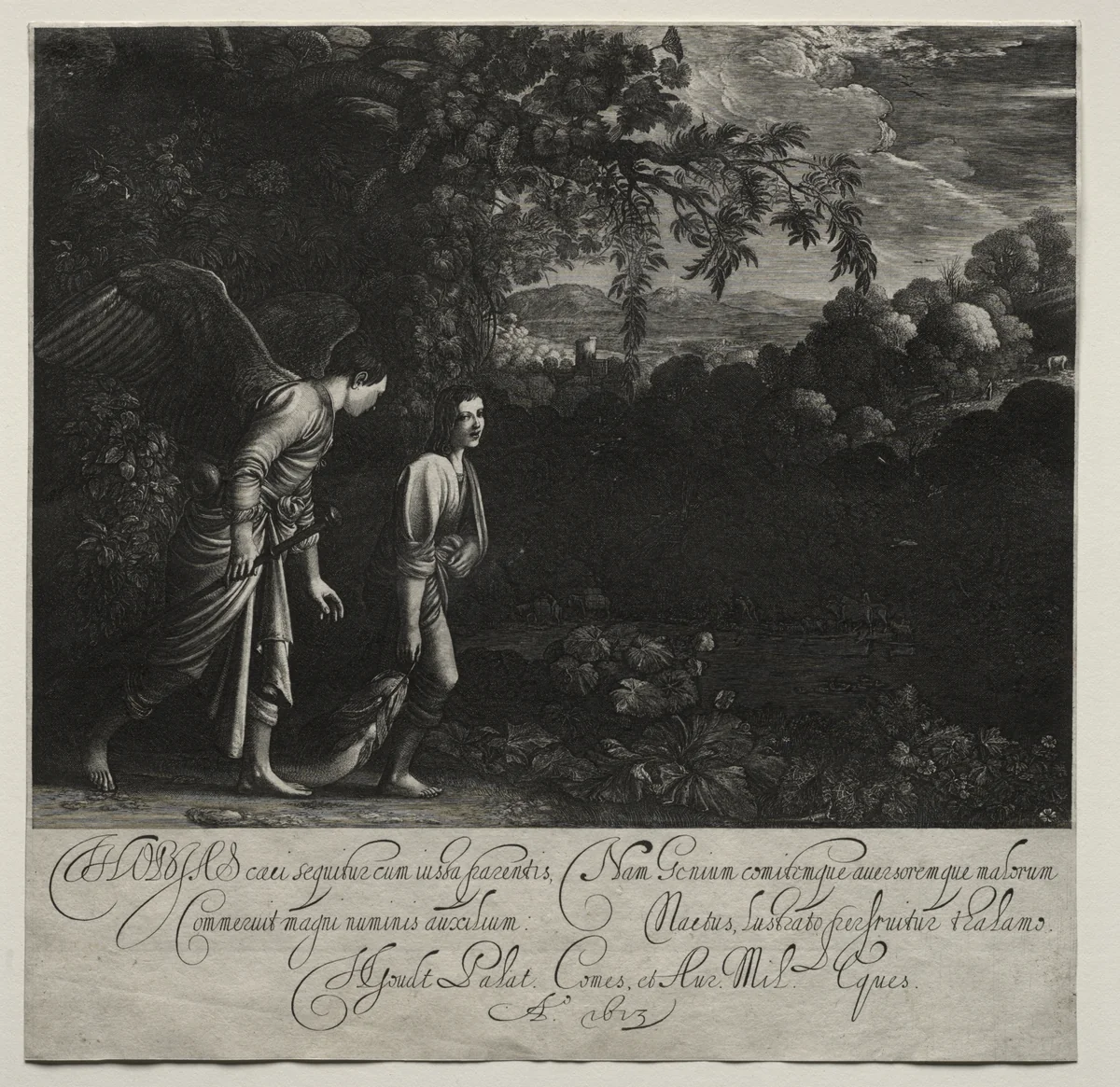 Tobias and the Angel (large plate) by Hendrik Goudt, print, 1608-1618