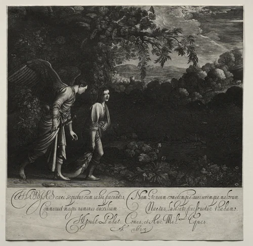 Tobias and the Angel (large plate) by Hendrik Goudt, print, 1608-1618