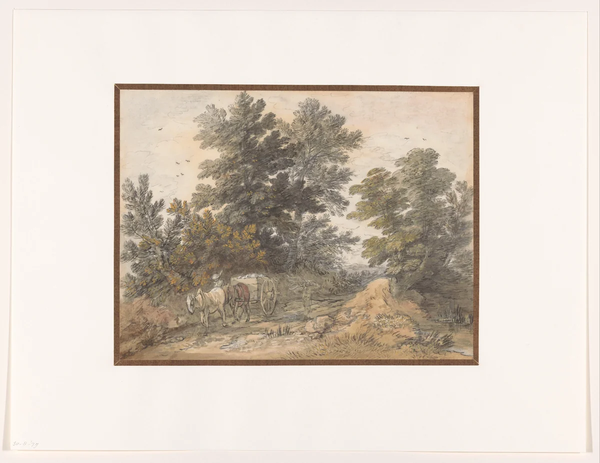Landweg met geboomte en boerenkar by Thomas Gainsborough, drawing, 1765-1769