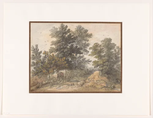 Landweg met geboomte en boerenkar by Thomas Gainsborough, drawing, 1765-1769
