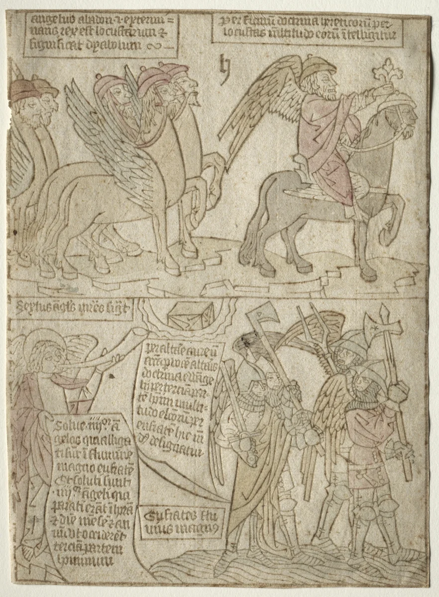 page from the Apocalypse (The Locusts with the Angel of the Abyss and The Sixth Trumpet) by anonymous, print, 1400-1465