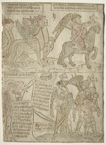 page from the Apocalypse (The Locusts with the Angel of the Abyss and The Sixth Trumpet) by anonymous, print, 1400-1465