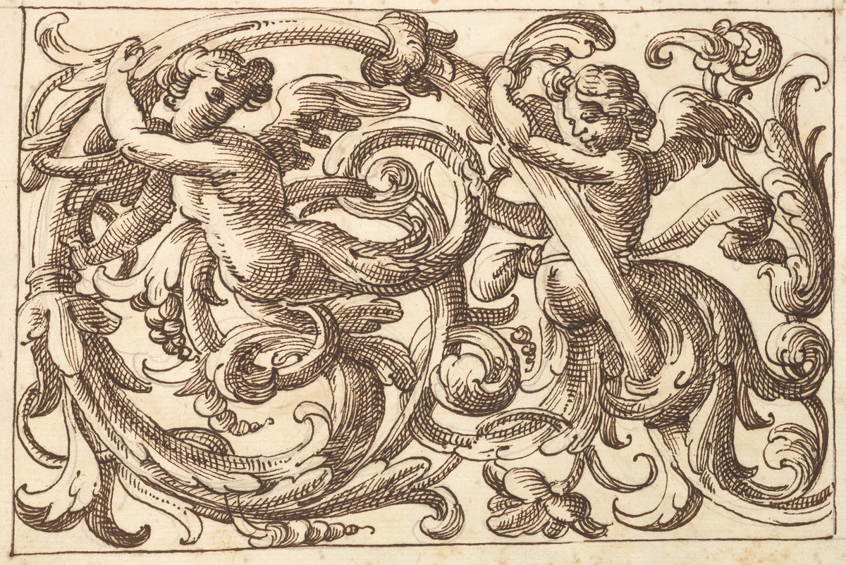 Horizontal Panel Design with Two Young Male Figures Interspersed between Acanthus Rinceaux by anonymous, drawing, 1600-1650