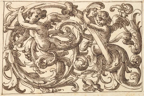 Horizontal Panel Design with Two Young Male Figures Interspersed between Acanthus Rinceaux by anonymous, drawing, 1600-1650
