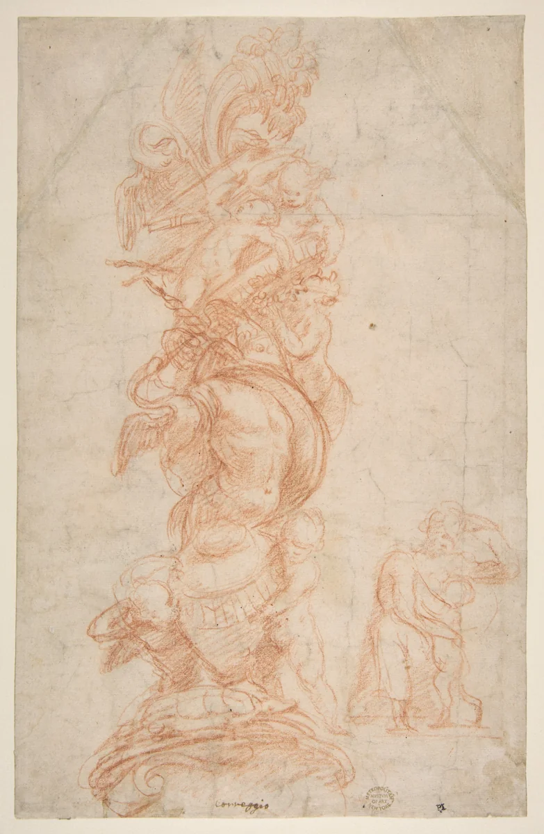 Design for the Decoration of a Pilaster (recto); Putti with Trophies and Seated Figure with Child (verso) by Giovanni Antonio da Pordenone, drawing, 1524-1534
