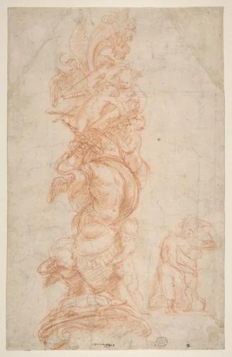 Design for the Decoration of a Pilaster (recto); Putti with Trophies and Seated Figure with Child (verso) by Giovanni Antonio da Pordenone, drawing, 1524-1534