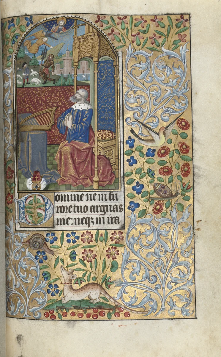 Book of Hours (Use of Rouen): fol. 80r, Opening Penitential Psalms, David Penitent, in the Distance David Slaying Goliath by Master of the Geneva Latini, book, 1465-1475