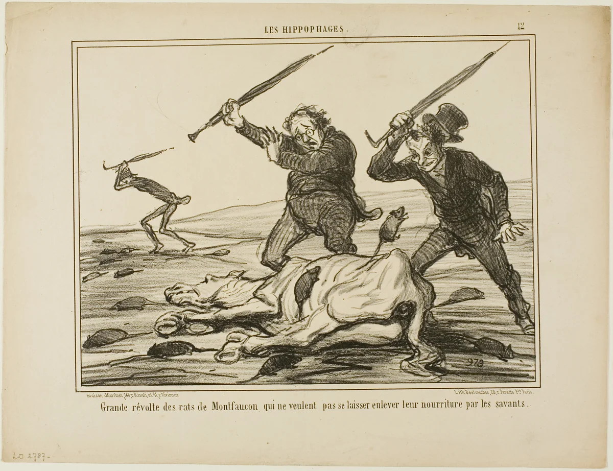 Great revolt of the rats of Montfaucon which don't want their feed to be taken away by scientists, plate 12 from Les Hippophages by Honoré-Victorin Daumier, print, 1856
