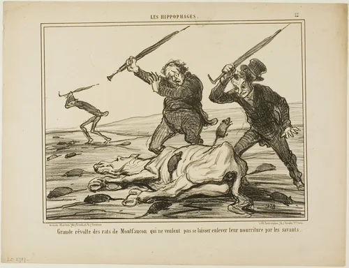 Great revolt of the rats of Montfaucon which don't want their feed to be taken away by scientists, plate 12 from Les Hippophages by Honoré-Victorin Daumier, print, 1856