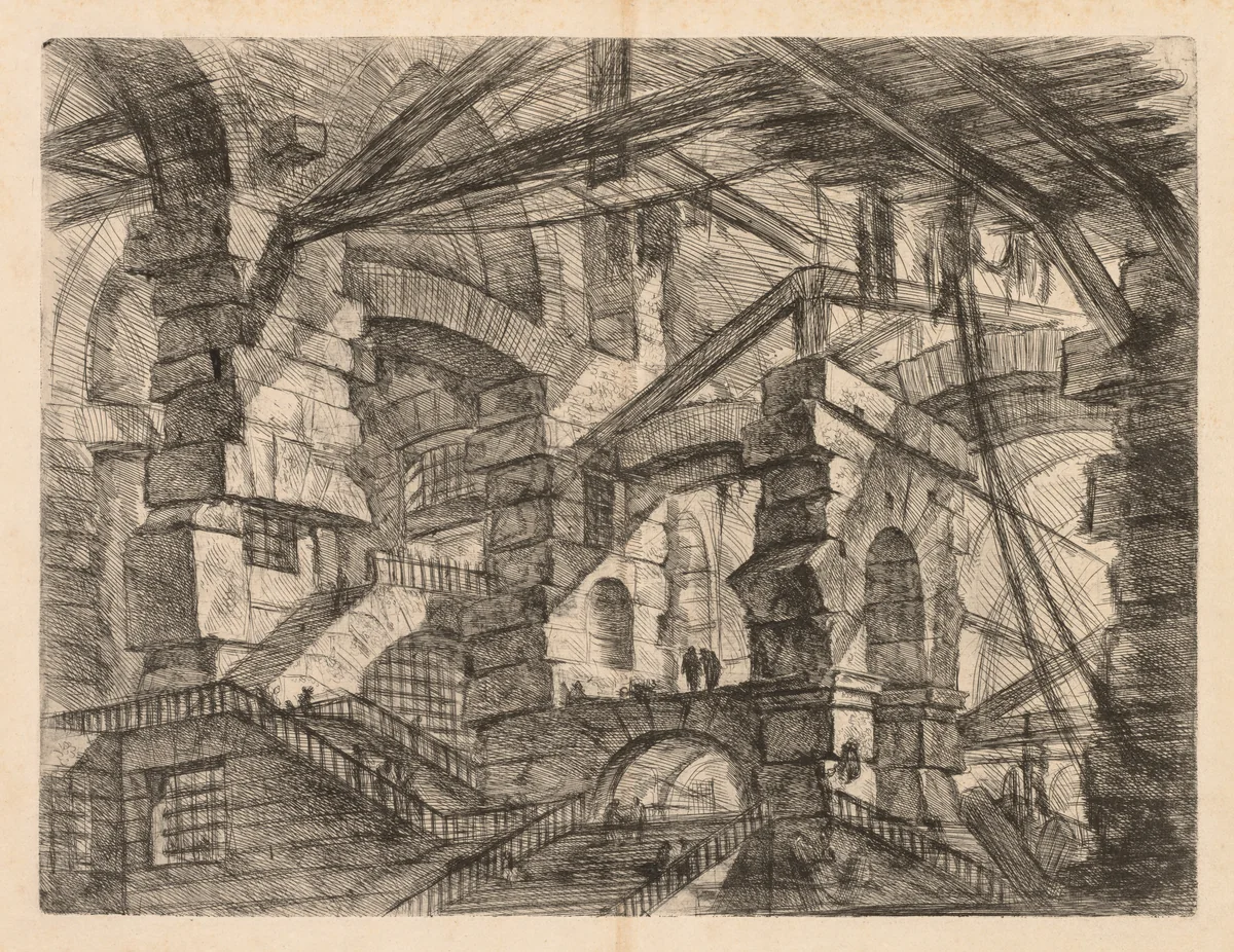 The Prisons: A Perspective of Colonnades with Zig-Zag Staircase by Giovanni Battista Piranesi, print, 1745-1750