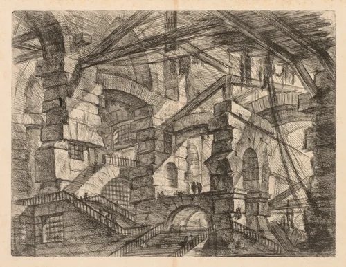 The Prisons: A Perspective of Colonnades with Zig-Zag Staircase by Giovanni Battista Piranesi, print, 1745-1750