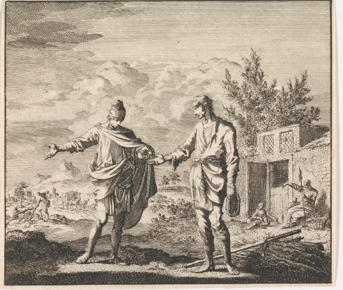 Embleem: armoede by Jan Luyken, print, 1695-1705