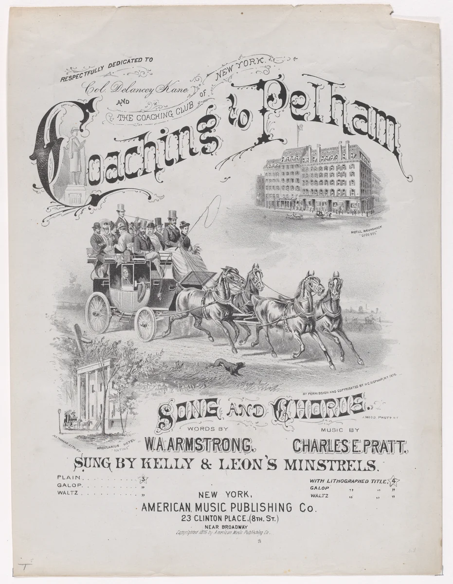 Coaching to Pelham (sheet music cover) by American Music Publishing Company, print, 1876